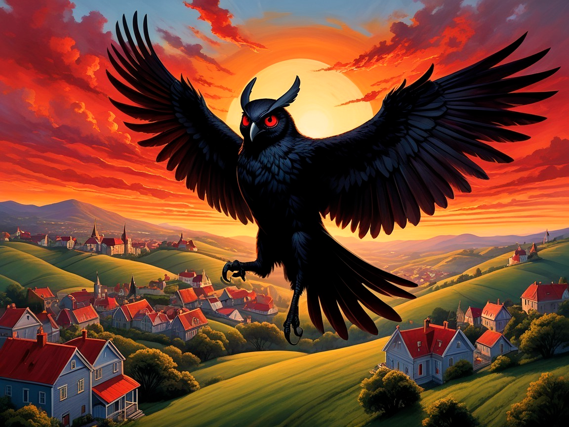Black Owl in Flight Over Sunset Village Landscape