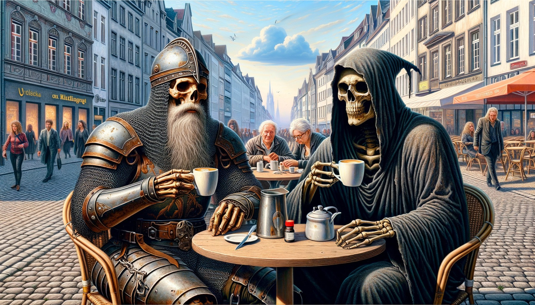 Viking warrior and Grim Reaper at café with modern crowd