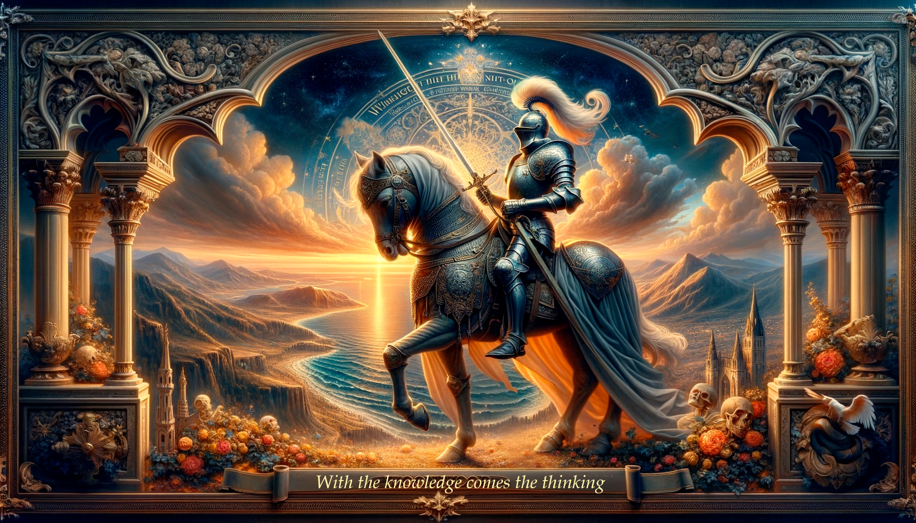 Knight on Steed in Sunset Landscape with Symbolic Details