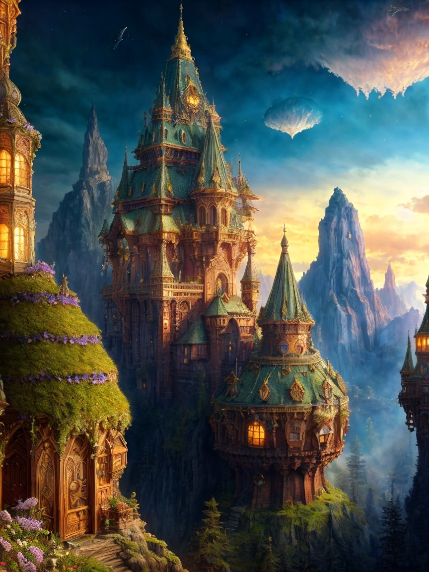Majestic castle on a cliff with vibrant greenery and spires