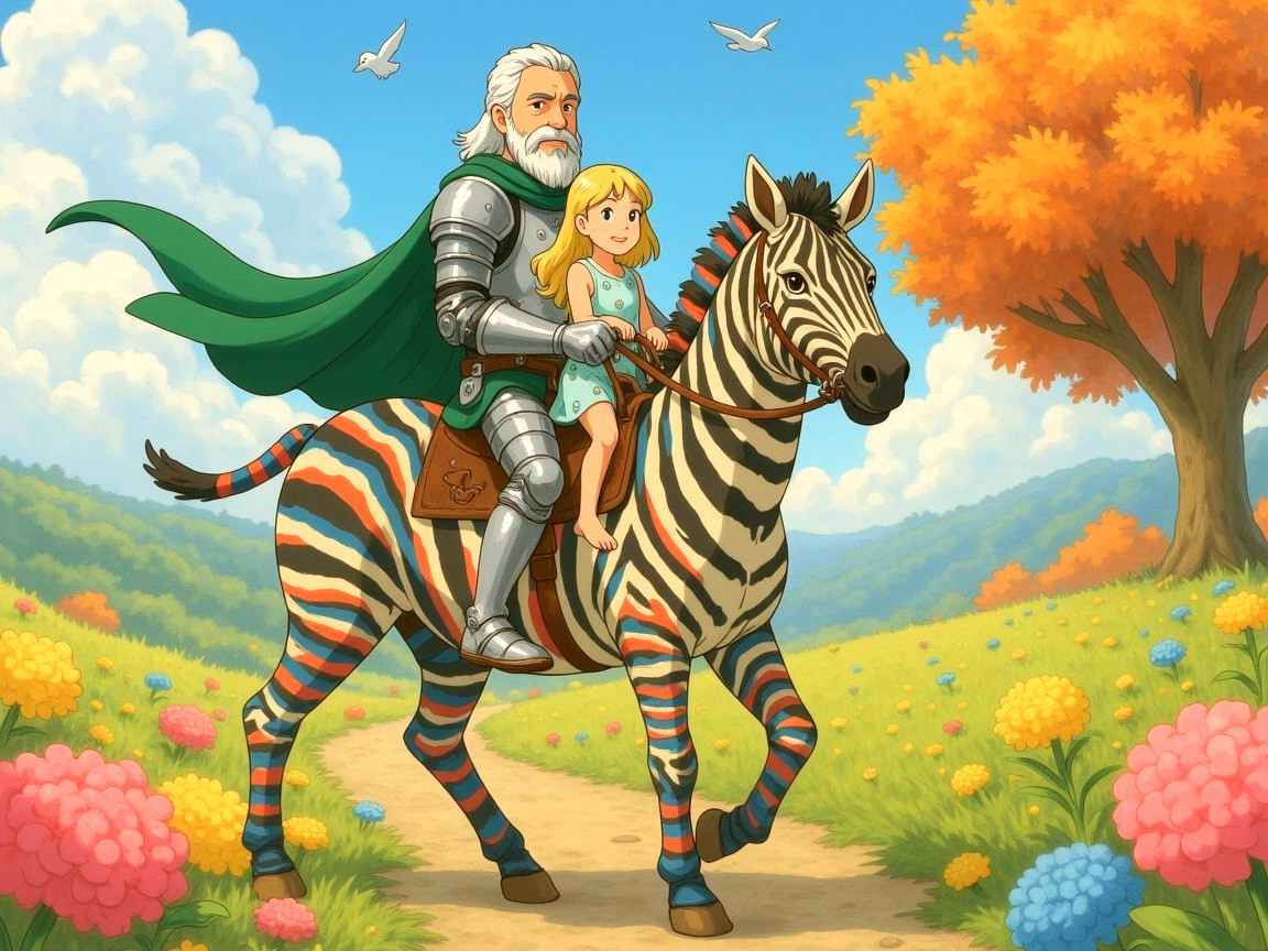 Knight on Zebra in Colorful Landscape with Girl
