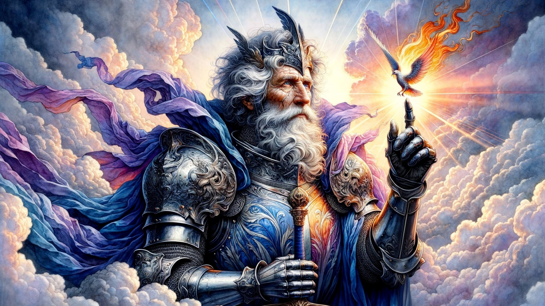 Majestic armored figure with phoenix in radiant clouds