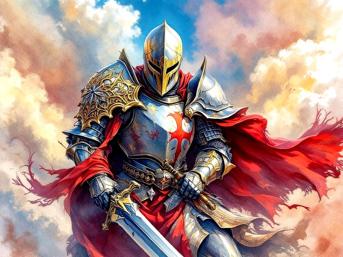 Knight in Silver Armor with Sword and Red Cape