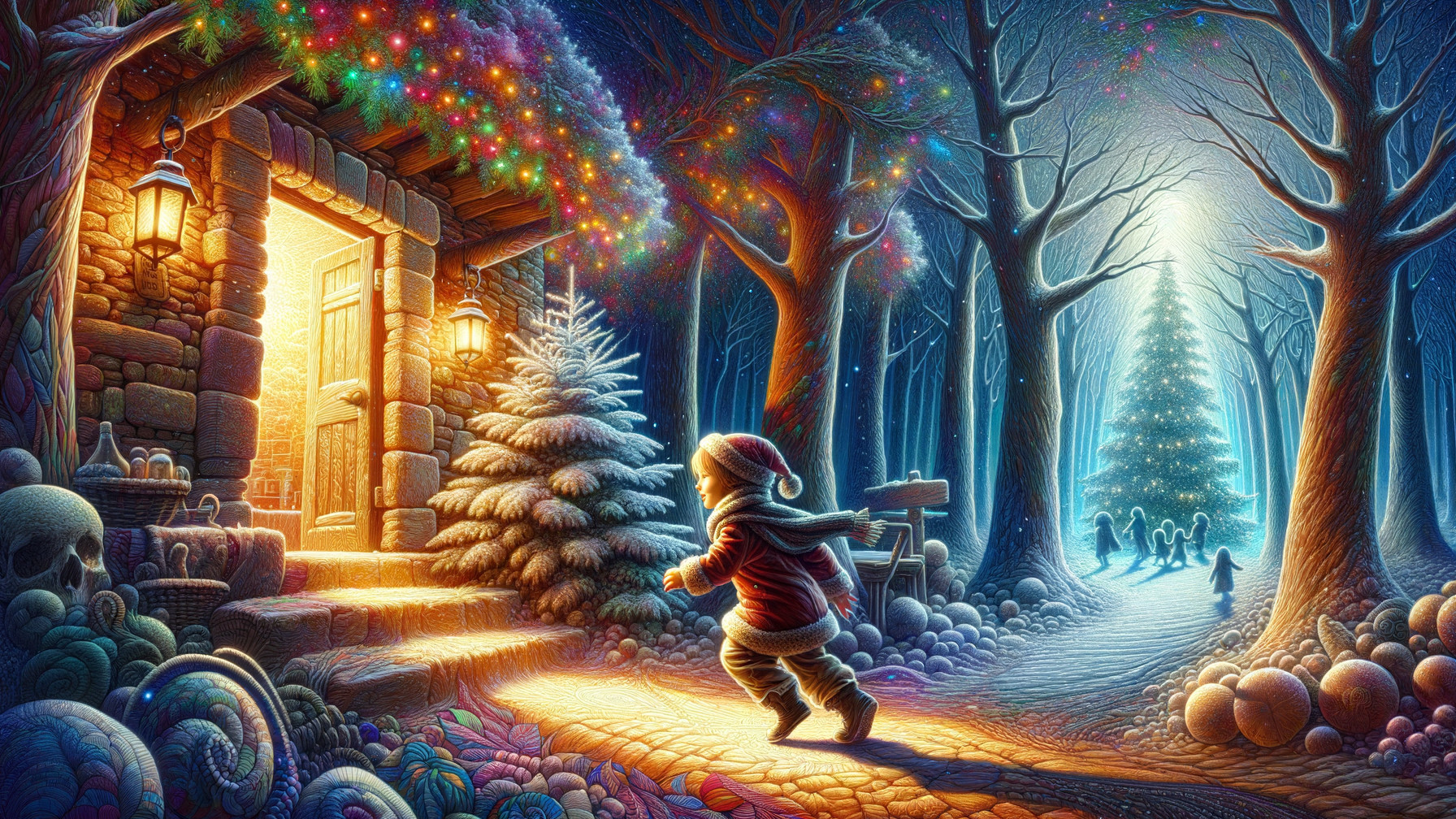 Whimsical Winter Scene with Christmas Lights and Cabin