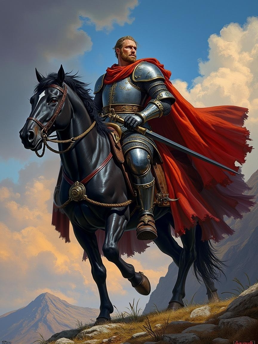 Knight in Armor on Black Steed with Mountain Backdrop