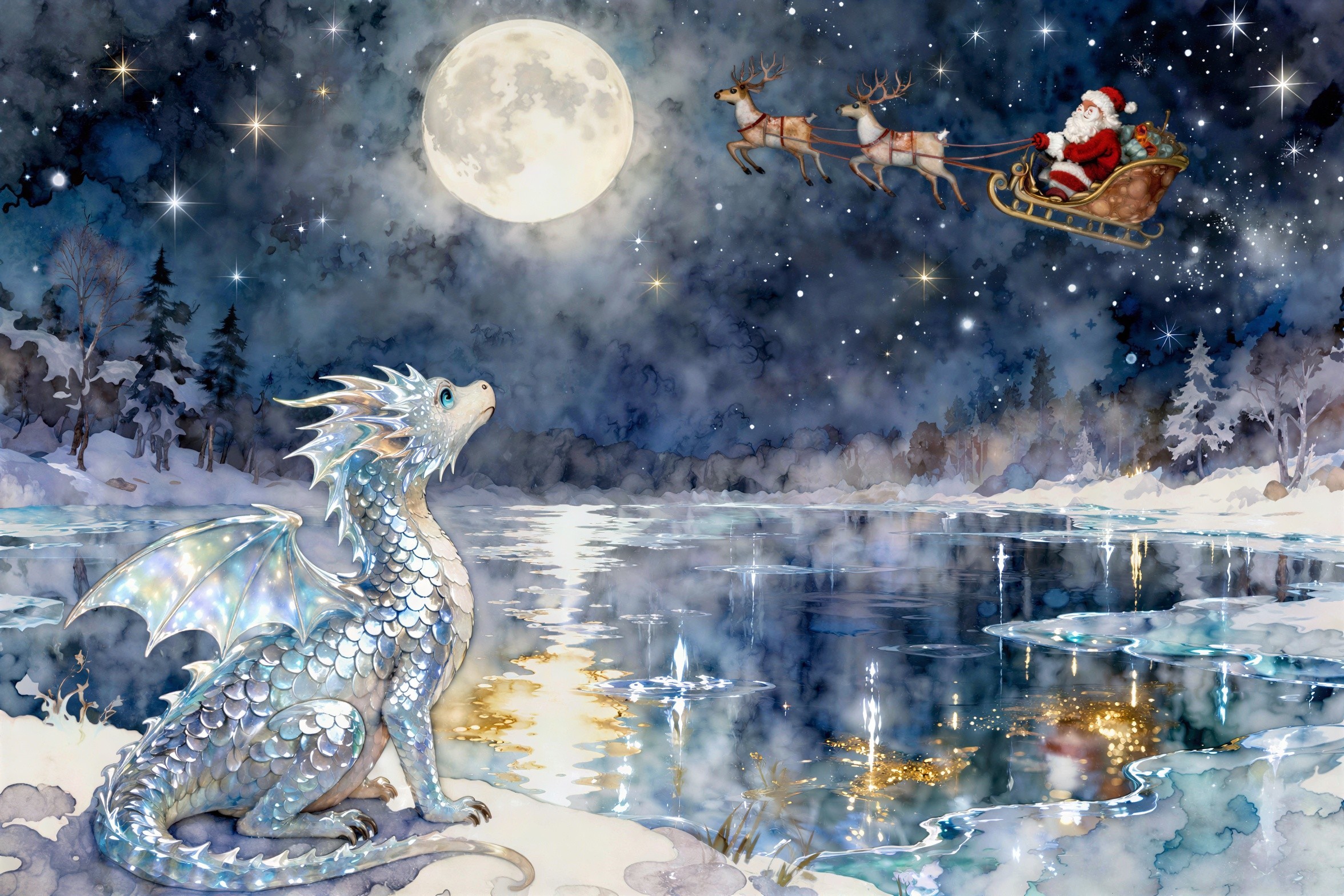 Whimsical Winter Night Scene with Dragon and Santa