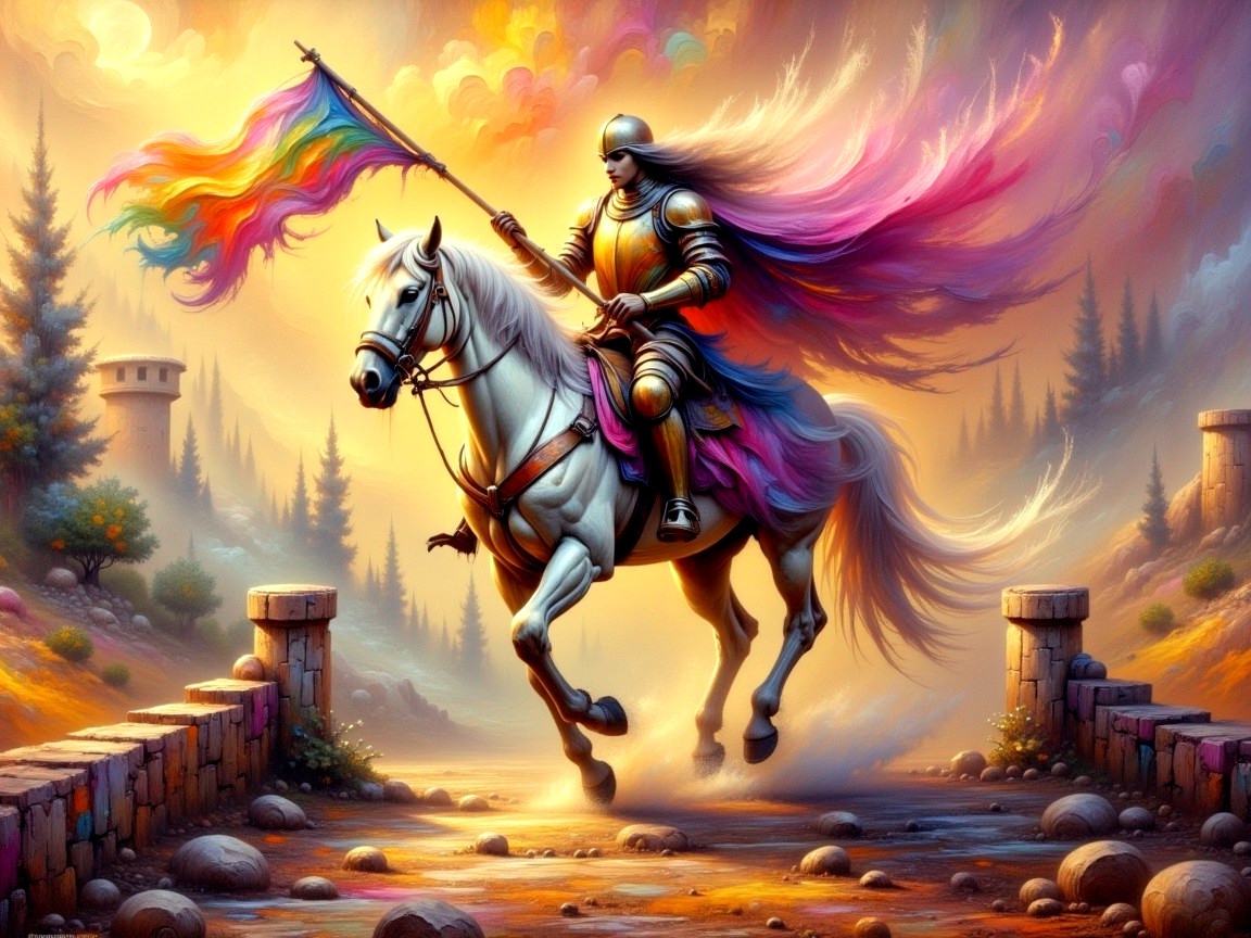 Knight on White Horse with Rainbow Flag in Vibrant Landscape