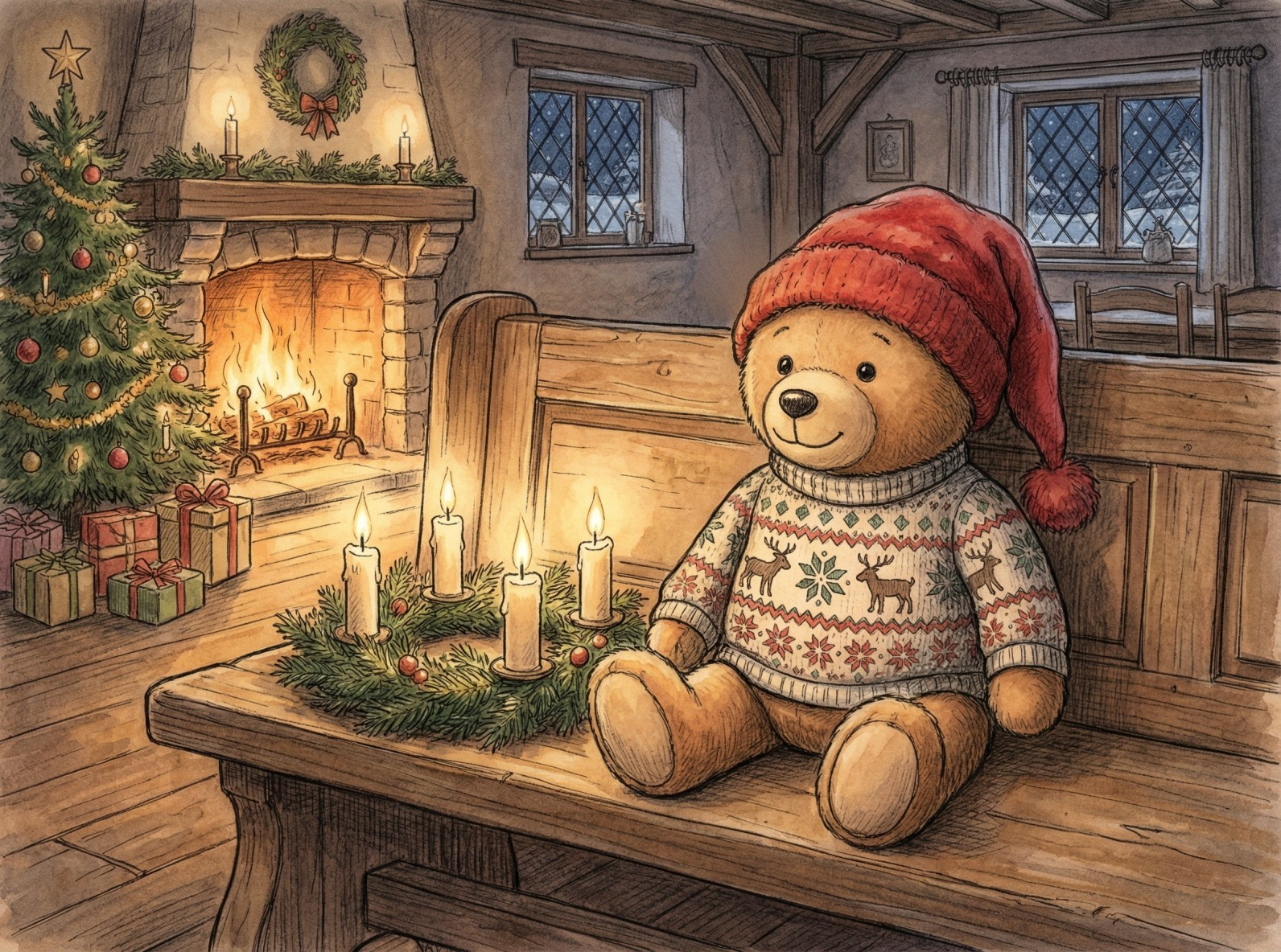 Teddy Bear and Festive Christmas Scene with Decor