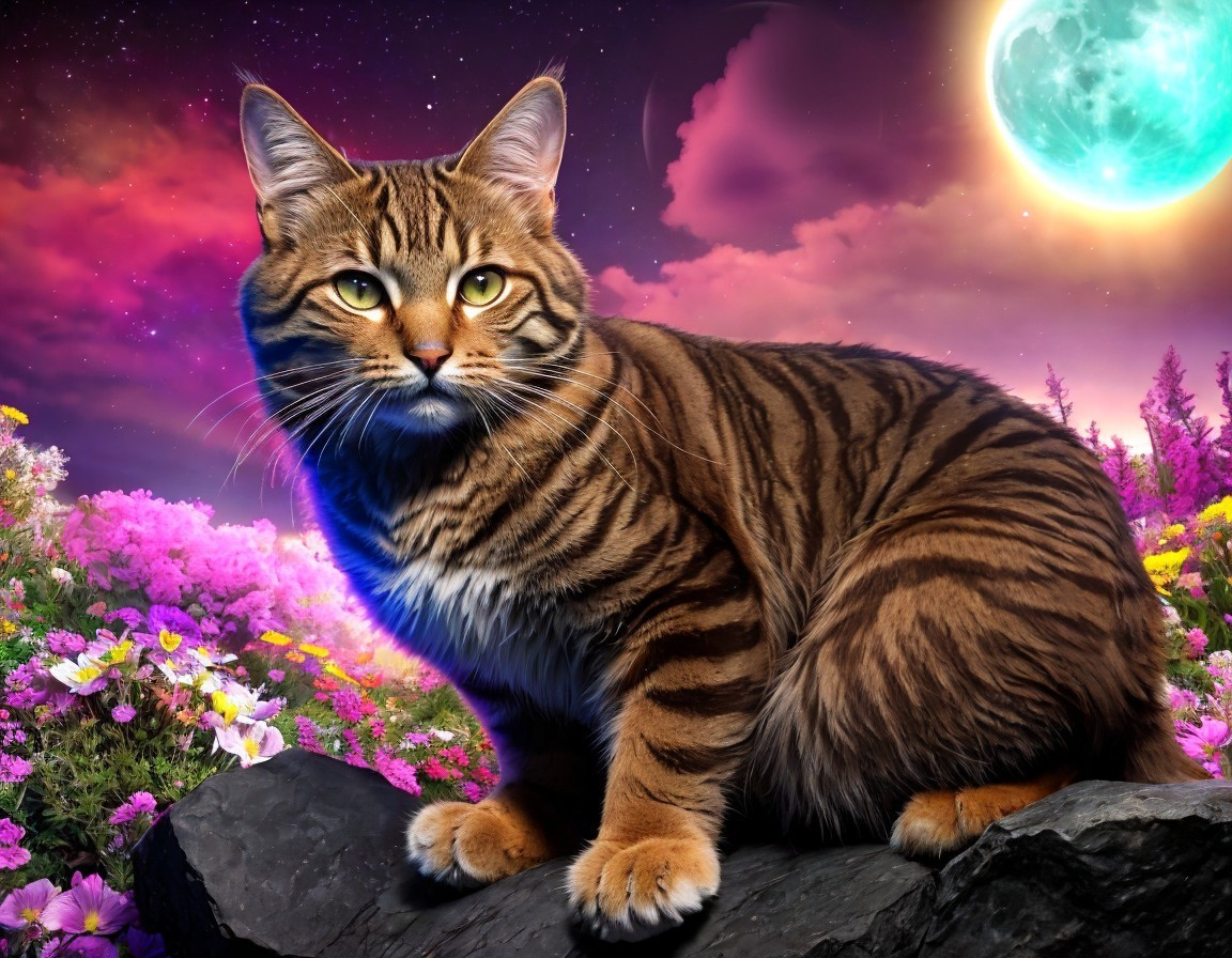 Tabby Cat on Rock Surrounded by Colorful Flowers