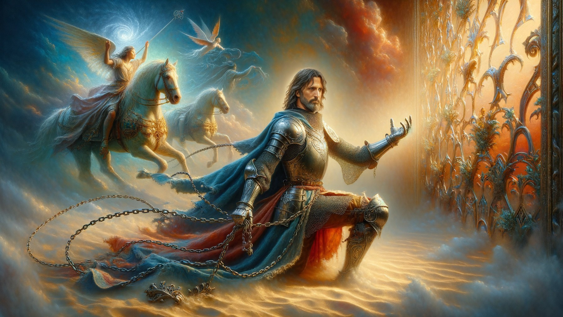 Knight in Armor Reaches for Celestial Portal