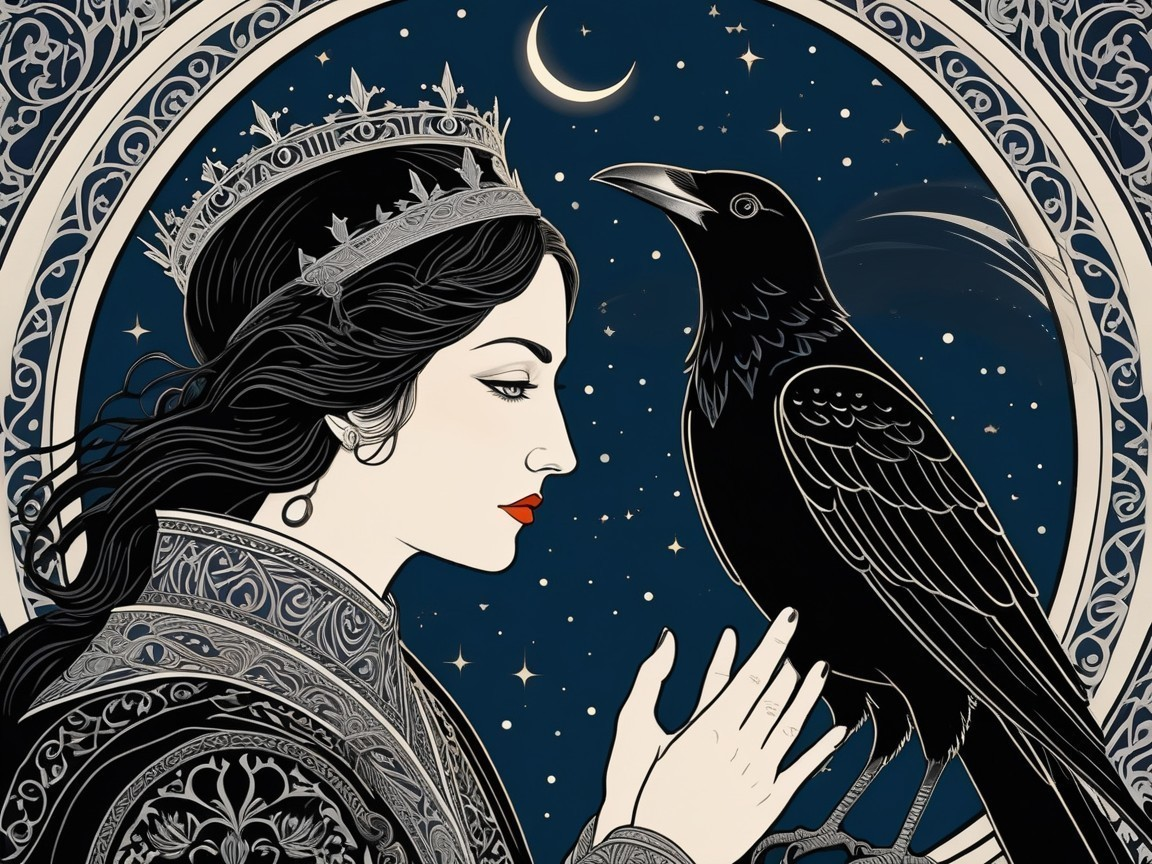 Regal Woman with Raven in Mystical Night Sky