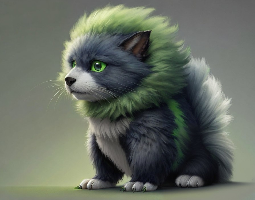 Whimsical Creature with Fluffy Green and Gray Fur