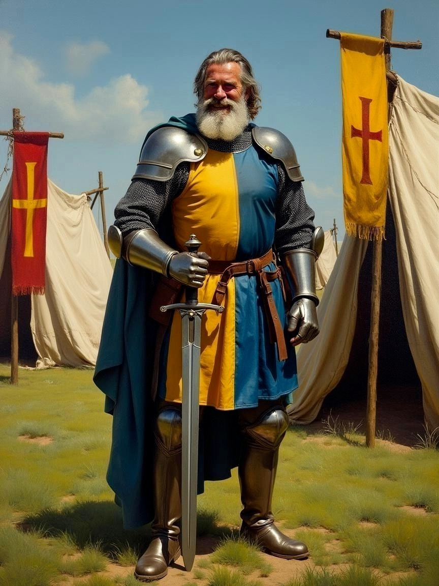 Noble Knight in Blue and Yellow Attire with Sword