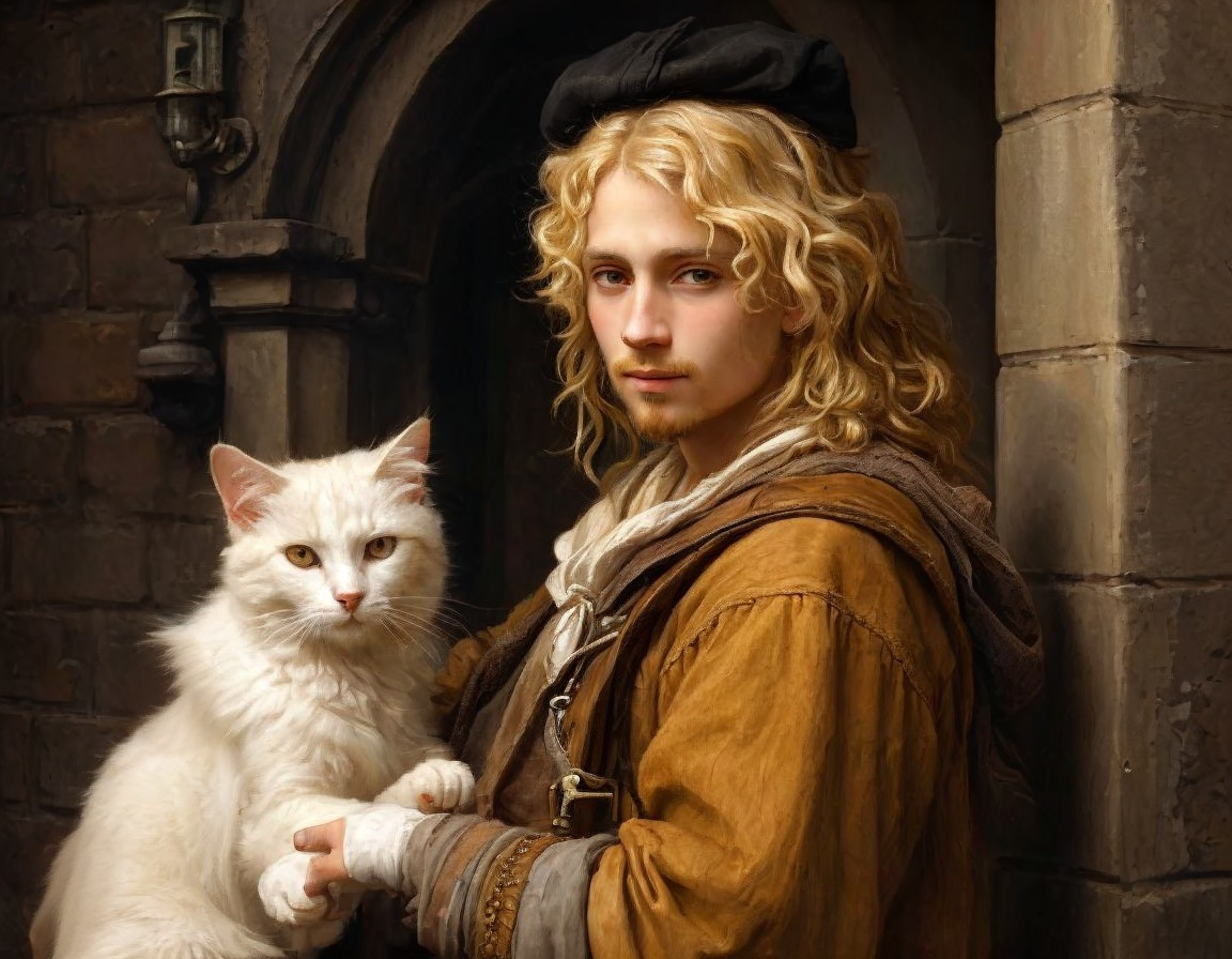 Young man in medieval attire with fluffy white cat