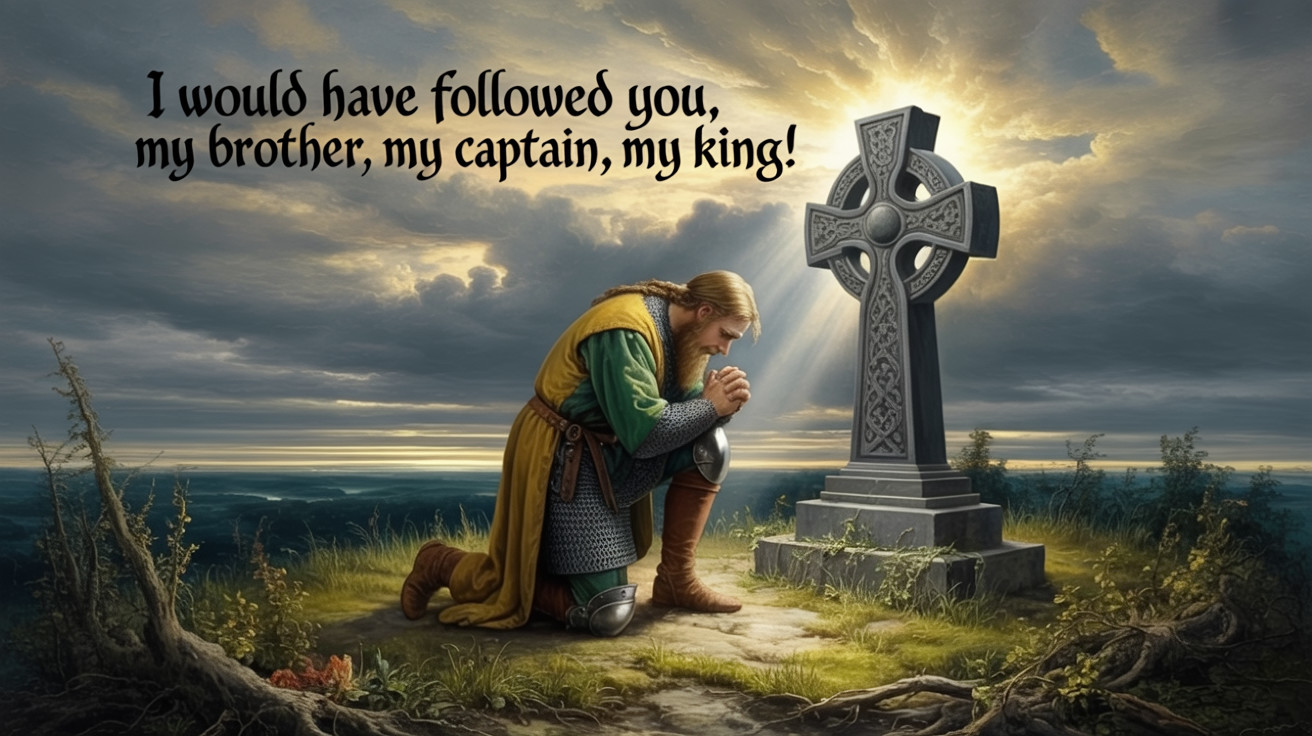 Medieval Warrior Praying at Sunrise by Gravestone