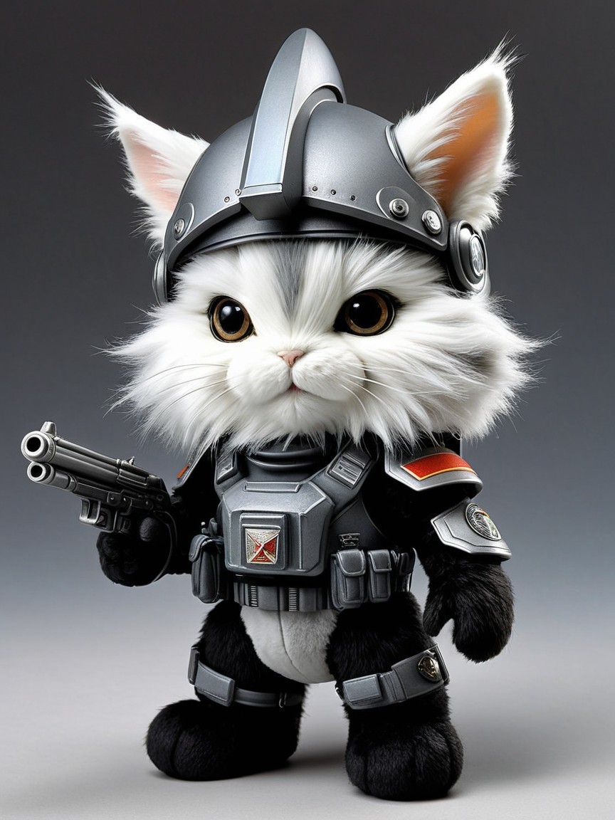 Plush Toy Cat in Futuristic Armor with Toy Gun