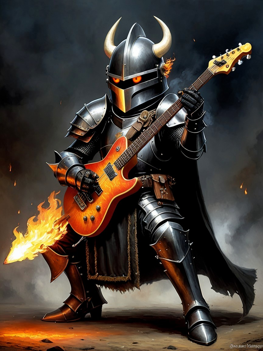 Fierce warrior in dark armor with flaming guitar