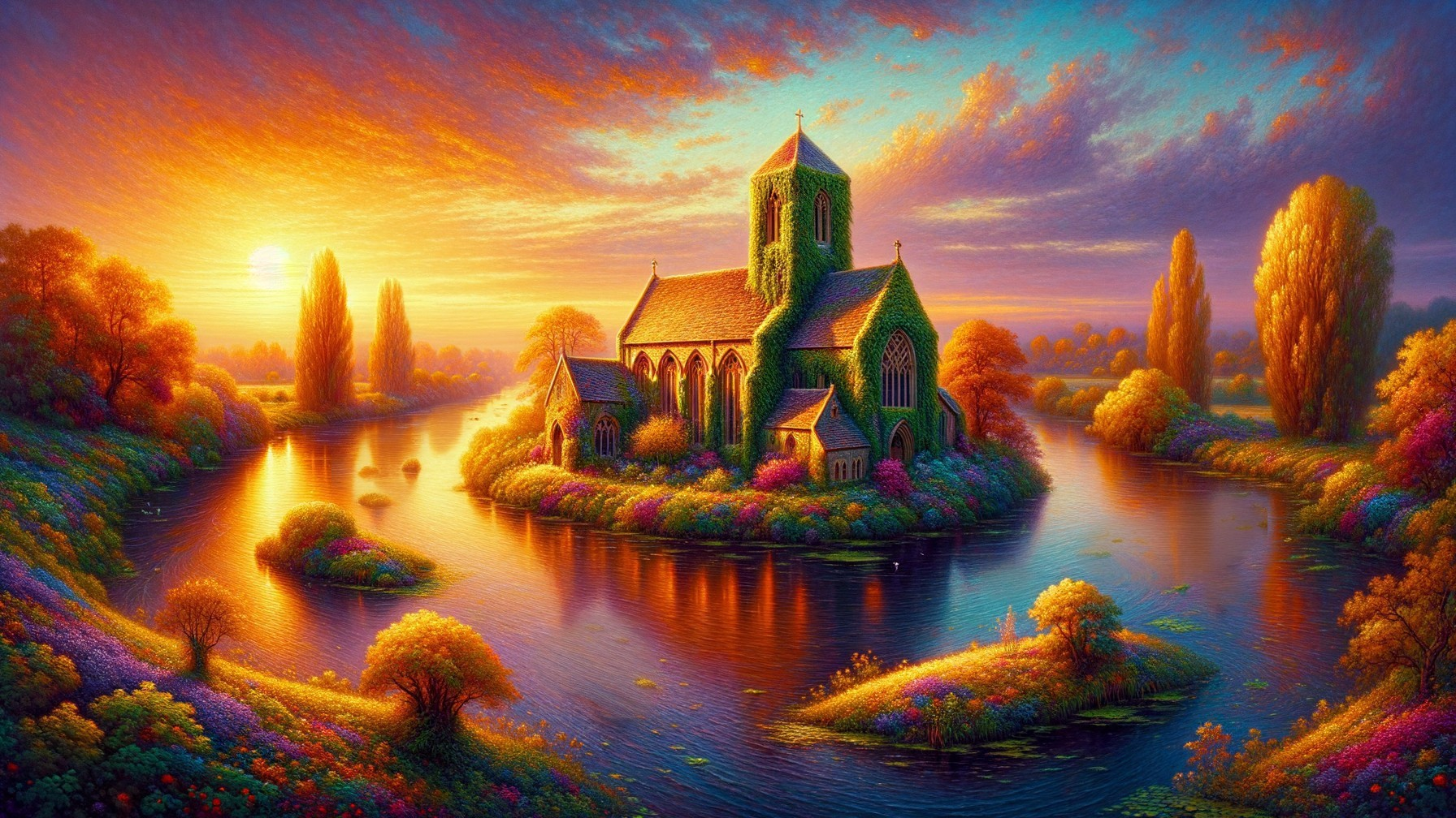 Charming Church Surrounded by Vibrant Foliage at Sunset