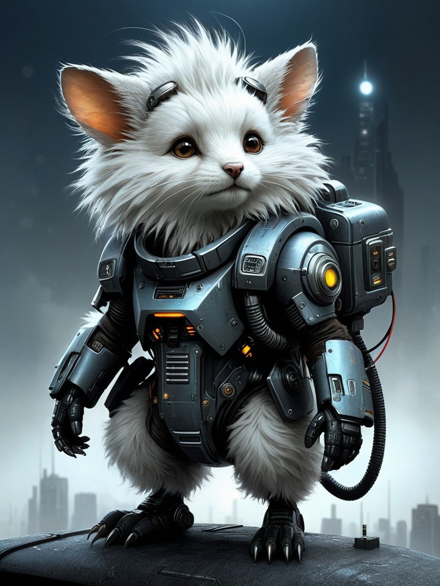 Futuristic Fluffy Creature in Robotic Armor with Skyline