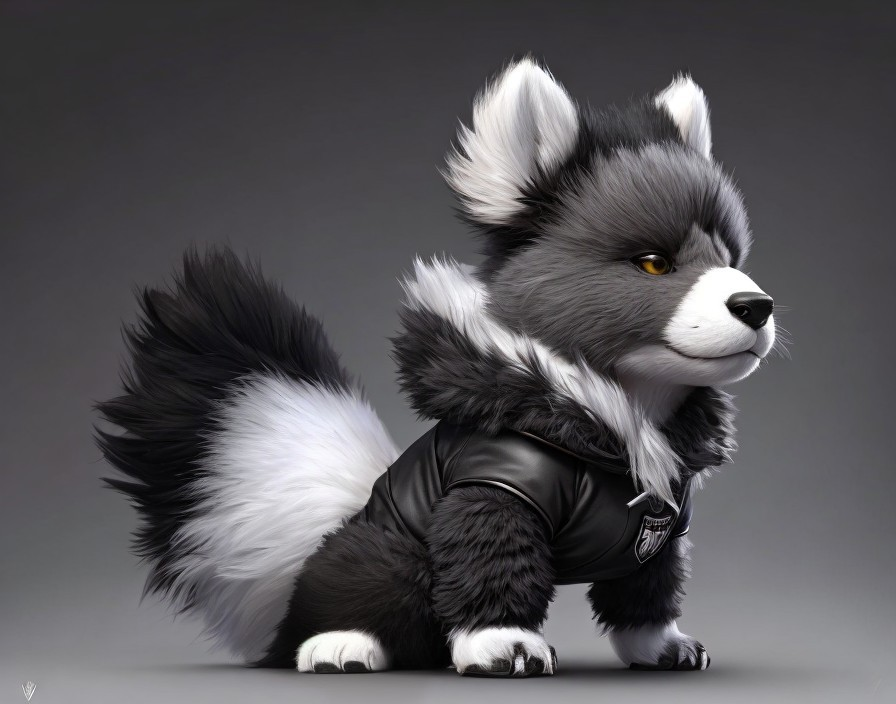 Cartoonish Dog in Black and White Leather Jacket