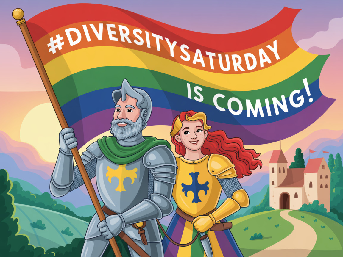 Knight and Woman with Rainbow Flag in Colorful Scene