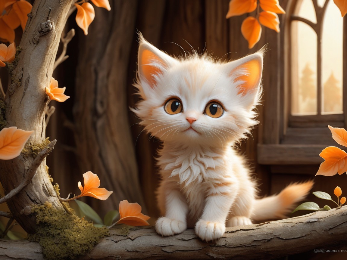 Fluffy Kitten on Branch Surrounded by Autumn Leaves