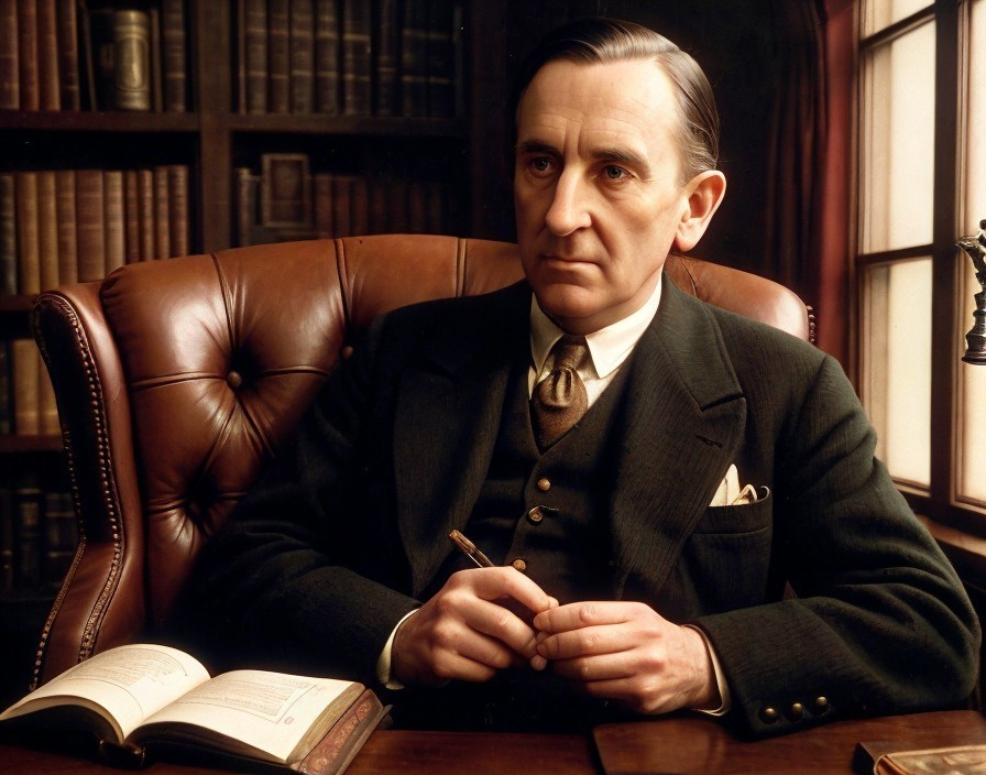 Man in Suit Writing in Library Setting