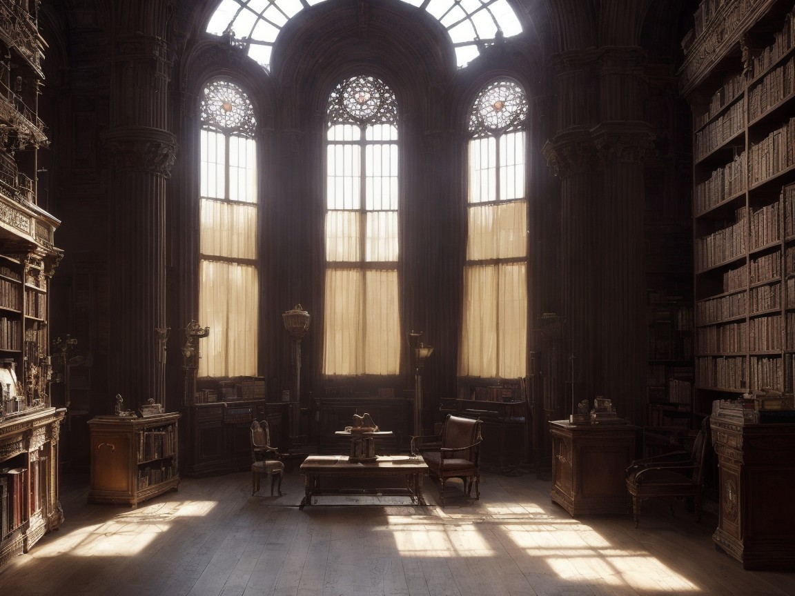 Grand Dimly Lit Library with Ancient Tomes and Elegance