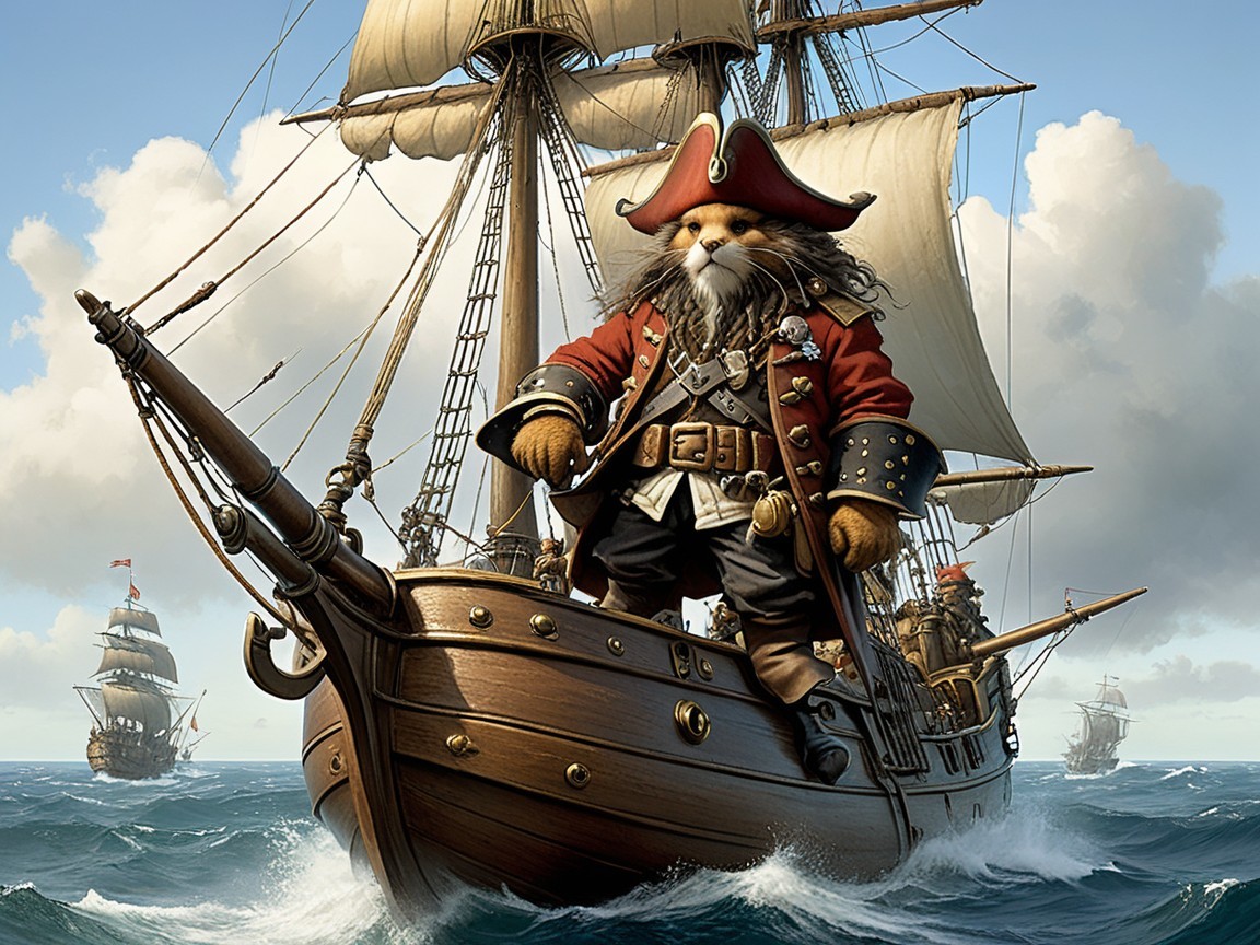 Pirate Ship with Anthropomorphic Cat at the Bow