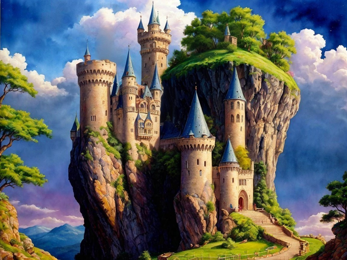 Majestic Castle on Rocky Cliff with Medieval Architecture