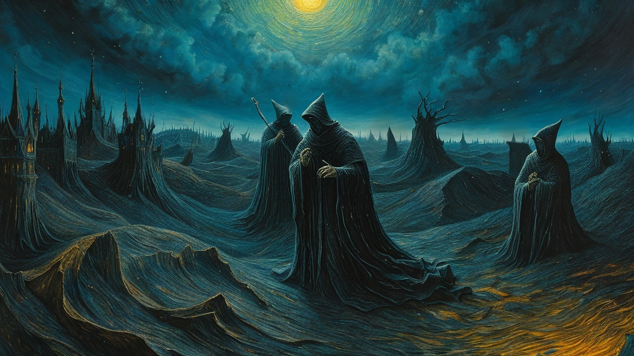 Surreal Landscape with Cloaked Figures and Twisted Trees