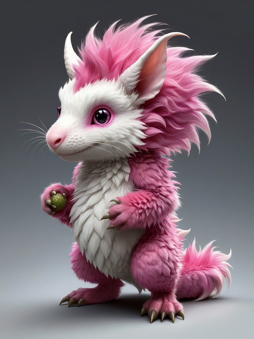 Whimsical Pink Creature with Purple Eyes and Claws