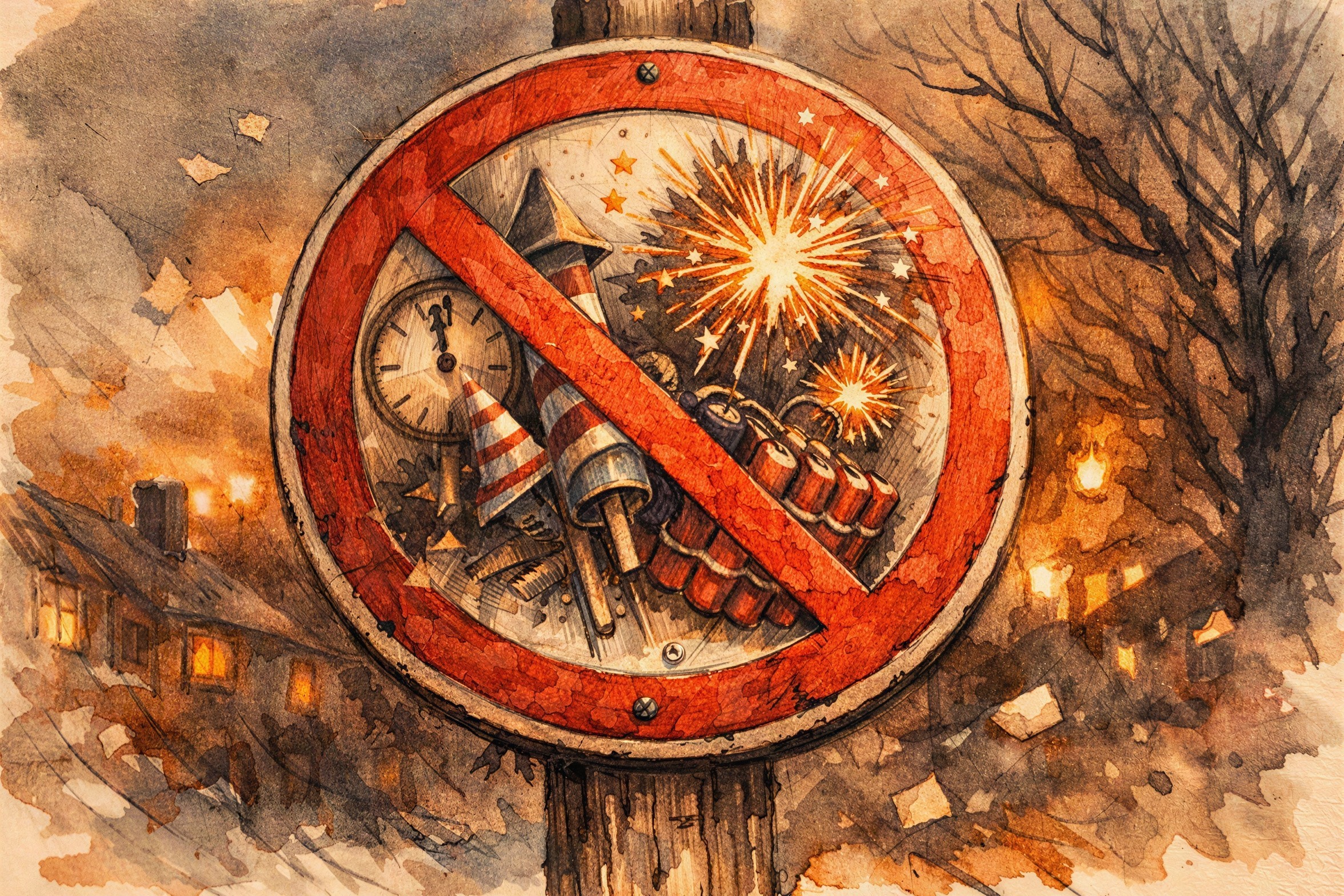 Watercolor depiction of fireworks prohibition sign