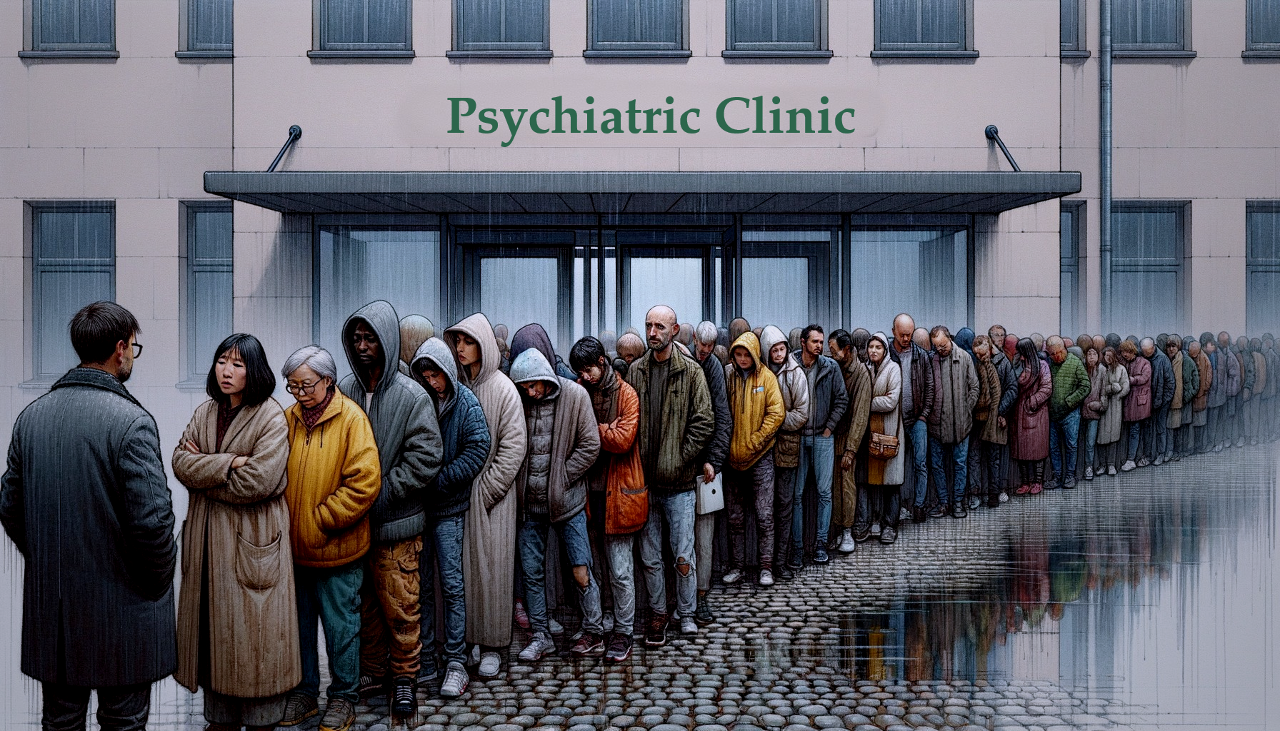 Diverse Individuals Waiting Outside Psychiatric Clinic