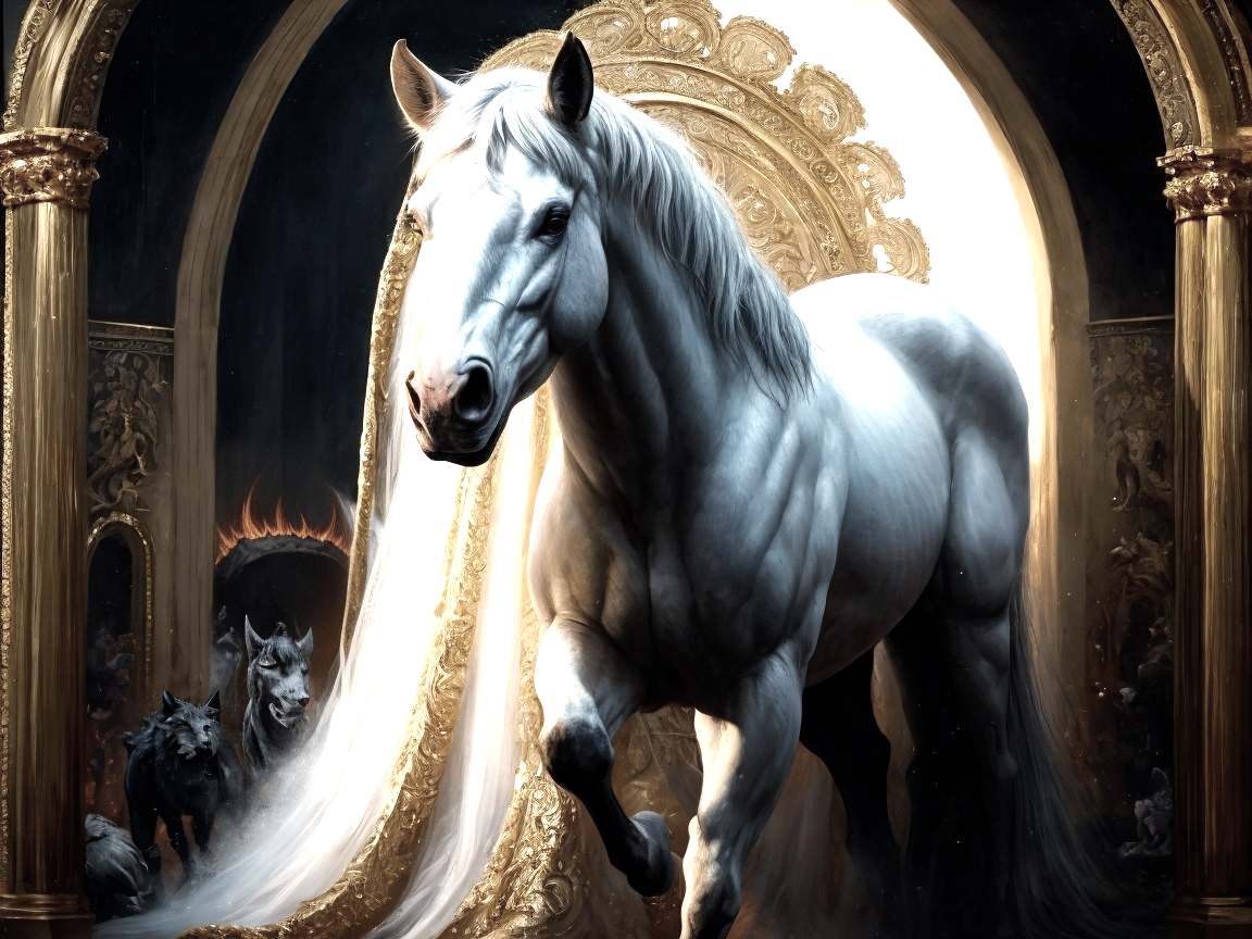 Majestic White Horse in Fantasy Landscape with Wolves