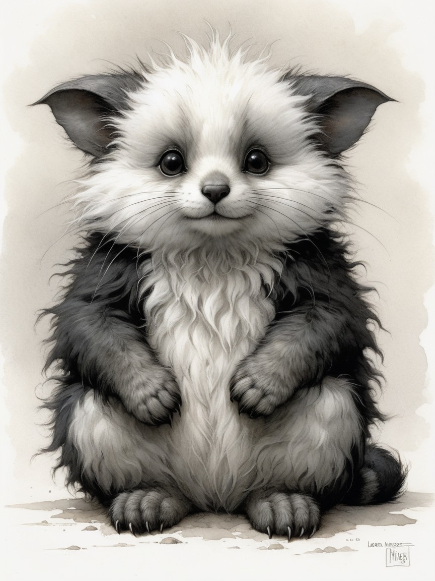 Fluffy Creature with Black and White Fur and Innocent Eyes