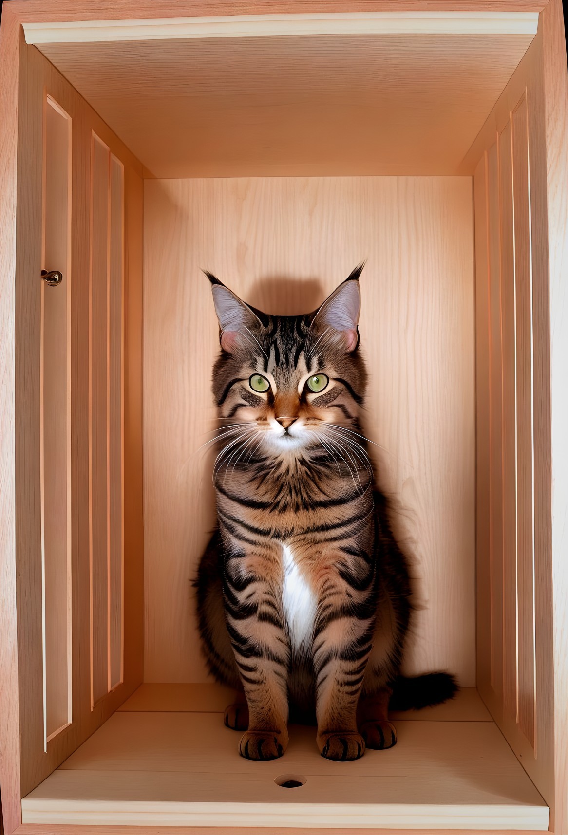 Green-eyed striped cat in open wooden cabinet gazes at camera