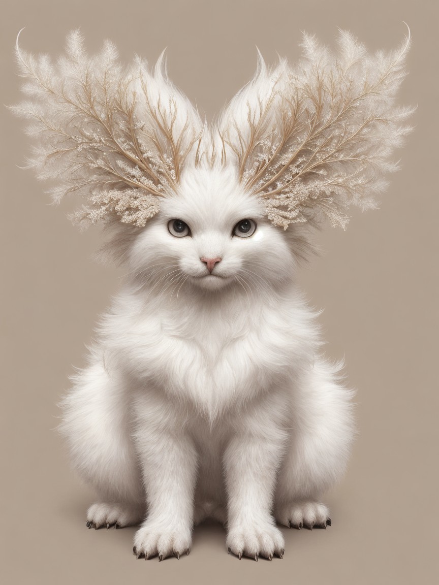 Fluffy White Feline with Whimsical Antler-Like Decor