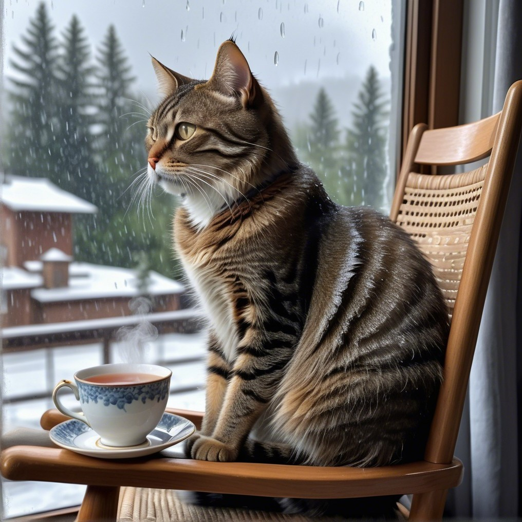 Tabby Cat by Window in Serene Winter Scene