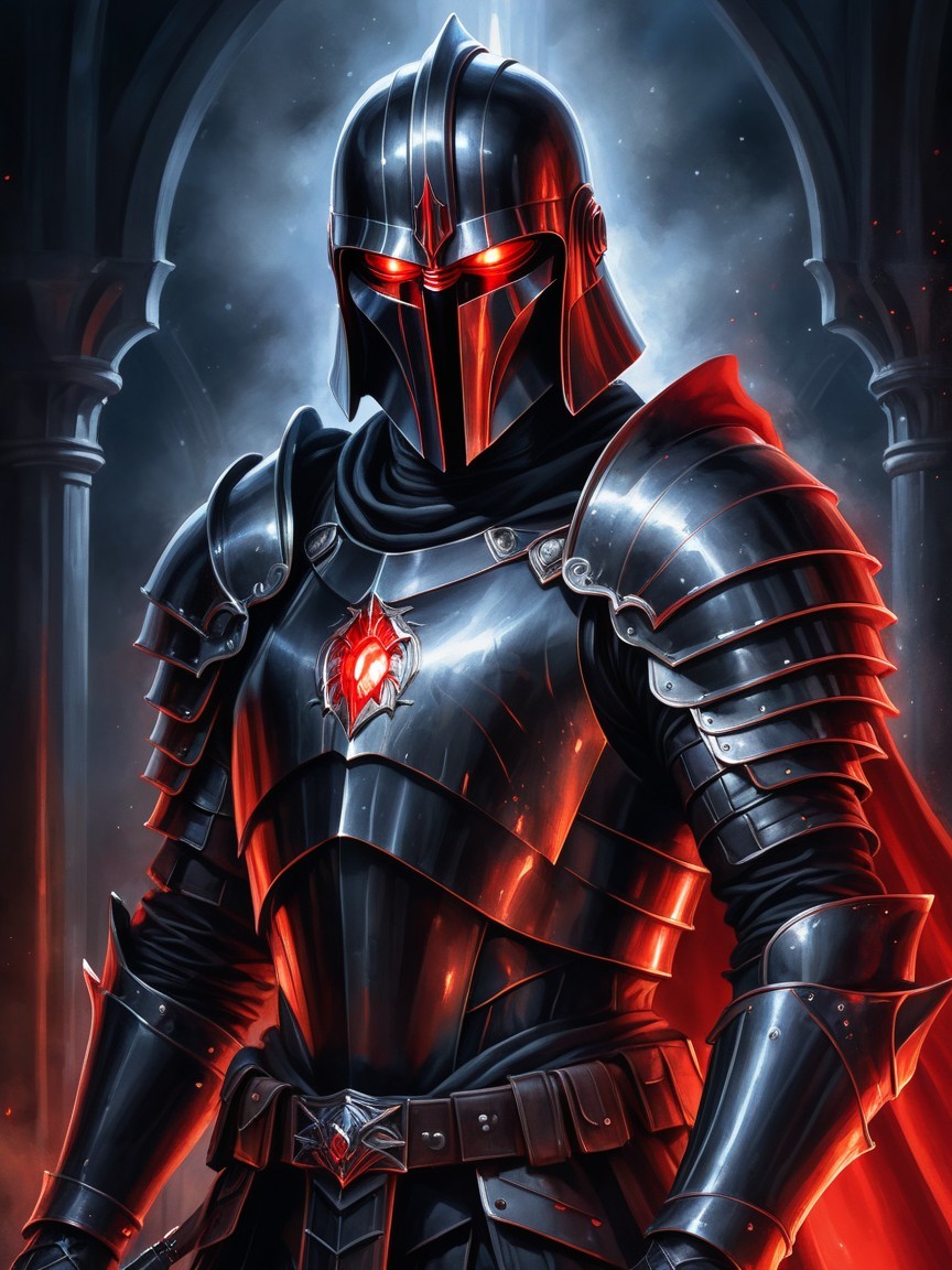 Knight in Black Armor with Glowing Red Eyes