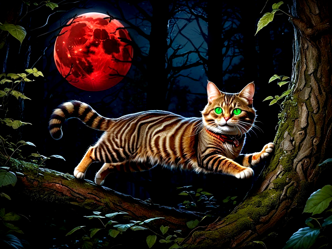 Striped Cat Leaping Under a Glowing Red Moon