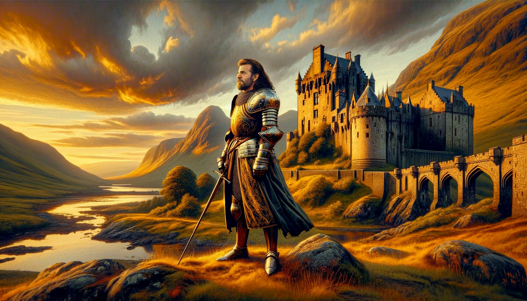 Knight on Hill with Castle and Sunset Landscape