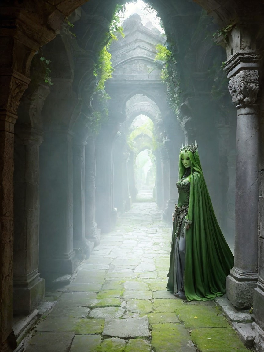 Regal Figure in Ancient Stone Corridor Surrounded by Nature