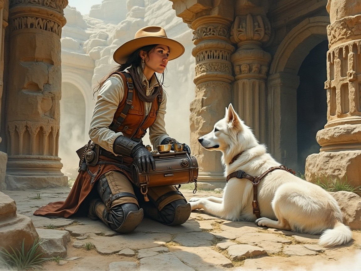 Woman and Dog Explore Ancient Ruins with Artifact