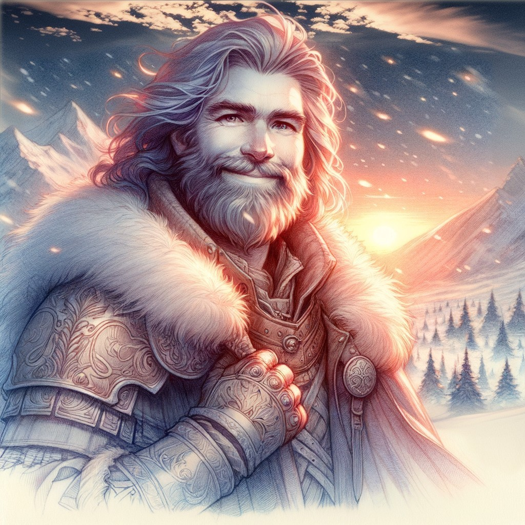 Regal Figure in Snowy Landscape with Majestic Mountains