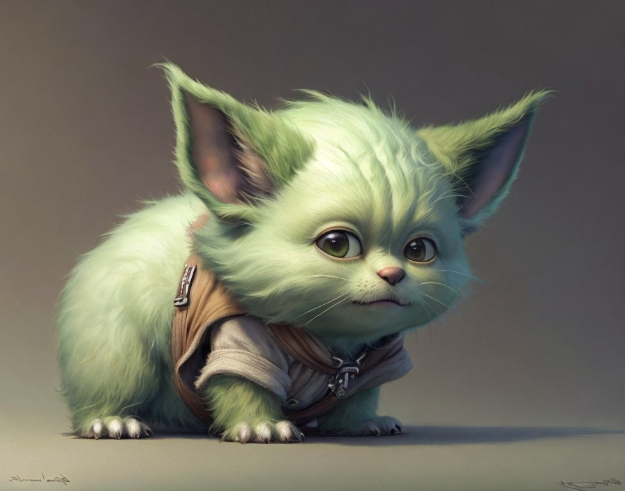 Small, adorable creature with green fur and large eyes