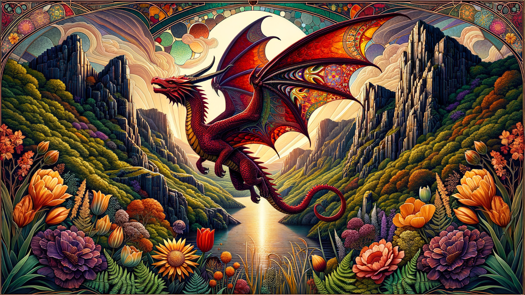 Majestic Red Dragon Over Serene Landscape and Lake