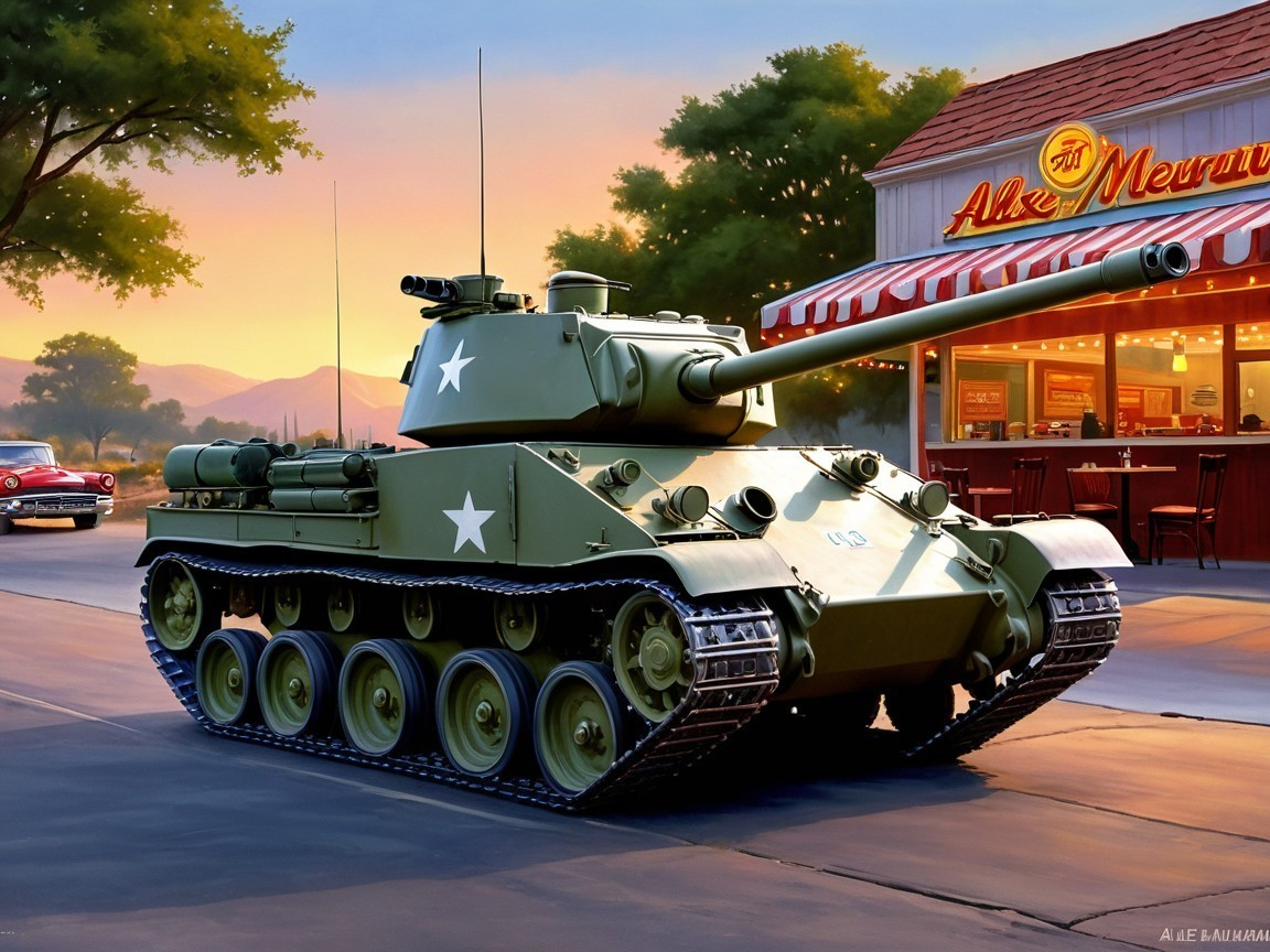 Military Tank and Retro Diner at Sunset Scene