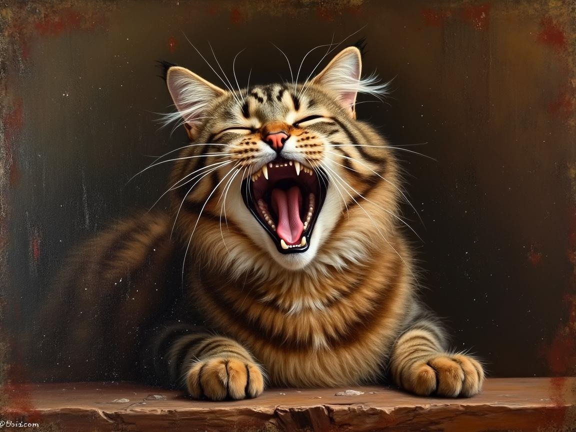 Majestic tabby cat yawning on a ledge with stripes