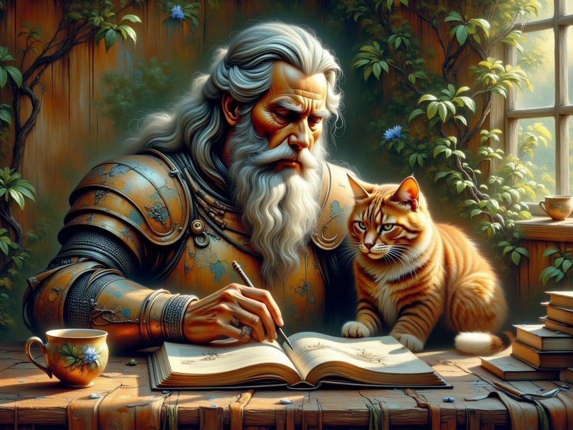 Wise Knight Writing at a Table with a Cat